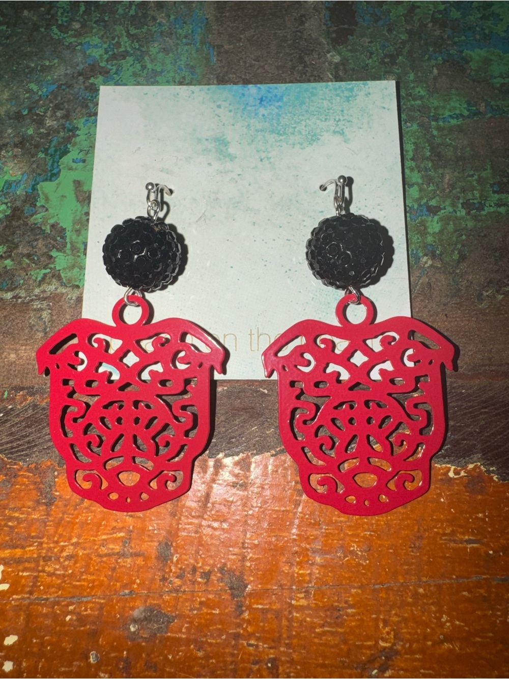 Red Bulldog Filigree Drop Earrings with Black Accents